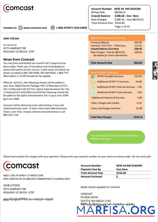Printable USA Utah Comcast utility bill template in Word and PDF format version 2